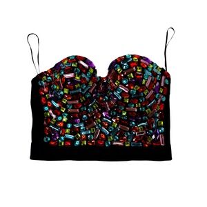 Multicolor Jewel Encrusted Bustier Crop Top Padded Gemstone Corset Small Selena